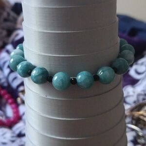 Aquamarine and Thai Black Spinel 63.00 ctw Beaded Bracelet in Rhodium Over 925